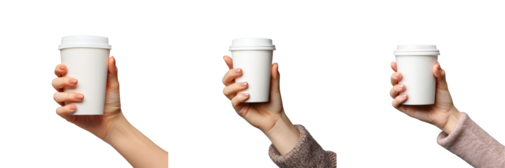 Hands holding blank coffee cups studio photo series transparent background close-up view