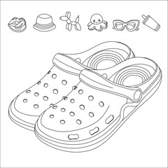 A pair of clog-style shoes  with ventilation holes, drawn as a clean line art. illustration with small accessory icons: lips, hat, balloon dog, octopus, sunglasses, drink.