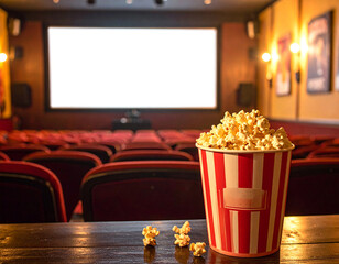 Cinema with red seats and a popcorn bucket on a wooden table in the foreground movie theater