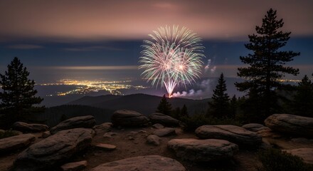 Fireworks brighten the coastline in peaceful stillness.