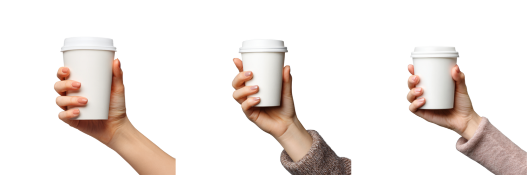 Hands holding blank coffee cups studio photo series transparent background close-up view - Powered by Adobe