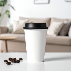 White disposable coffee cup with black lid on a white table, out-of-focus living room in beige tones in background