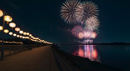 A decorated park with glowing lights and fireworks in the background