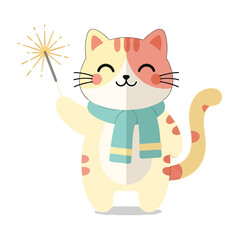 Obraz premium Cute happy cat wearing a scarf holding a sparkler celebrating a special occasion