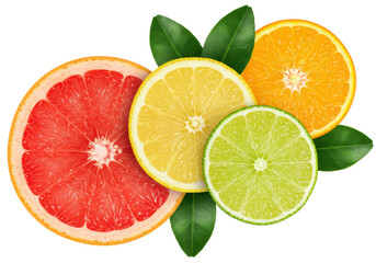 Close-up, flat lay of vibrant pink grapefruit, yellow lemon, juicy orange, and crisp green lime slices with fresh green leaves on a transparent background, soft studio light, concept of natural