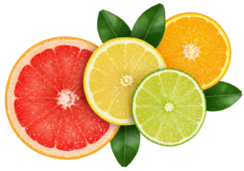 Close-up, flat lay of vibrant pink grapefruit, yellow lemon, juicy orange, and crisp green lime slices with fresh green leaves on a transparent background, soft studio light, concept of natural