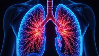 Human lungs anatomy with glowing details for medical illustration needs, showing respiratory health and detailed structure, available for education or research use