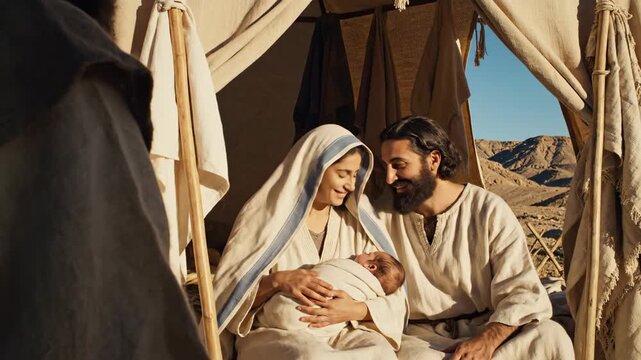 A joyous woman holding a swaddled baby as her husband looks on, portraying a biblical family in a desert tent, ancient life.