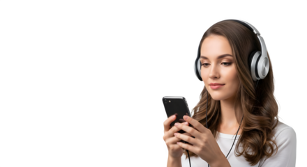 Woman with Headphones Using Smartphone on Black Background