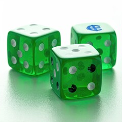 Three translucent green dice on a white surface.  Dots and symbols are white and/or dark green