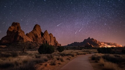 A starry night sky with a path leading through a desert landscape, featuring rock formations and a distant mountain range.