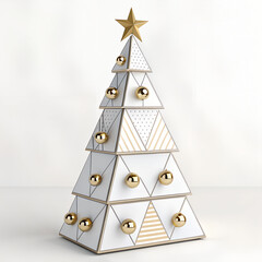 Decorative Christmas tree design with golden ornaments on a minimalistic white background
