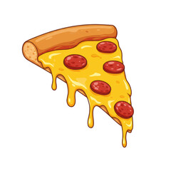 Vibrant cartoon pepperoni pizza slice, gooey melted cheese dripping, red pepperoni, golden crust, on a transparent background with copy space, fast food advertising concept