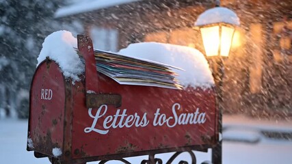 Red mailbox full of letters to Santa in snowy winter with glowing lantern - Powered by Adobe