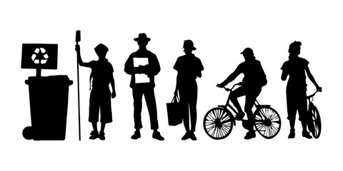 Diverse silhouettes of people engaged in environmental activities and daily life
