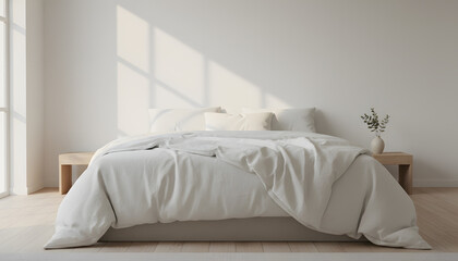 Clean white minimalist bedroom with bright morning sun streaming in