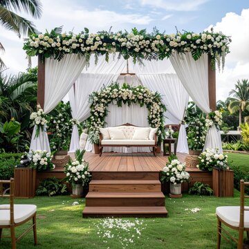 Elegant outdoor wedding ceremony setting.  Wooden platform draped in white fabric, adorned with fresh white flowers, creates a romantic atmosphere