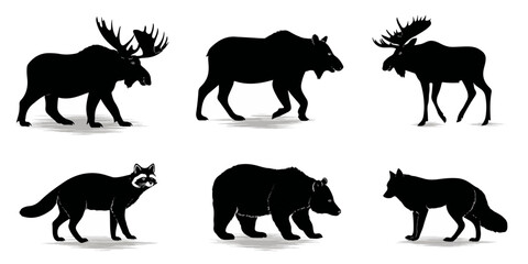 Collection of north american wildlife silhouettes including moose bear coyote and wolf on white background