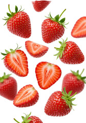 Close-up of vibrant red whole and sliced strawberries with green caps, dynamically arranged and suspended against a transparent studio background with copy space, concept for healthy food advertising