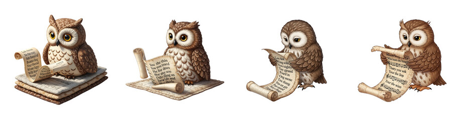 Naklejka premium Four Cartoon Owls Reading And Singing From Scrolls And Sheet Music On A Transparent Background Transparent Background