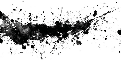 Dynamic black ink splatter and drips on a stark white background abstract art