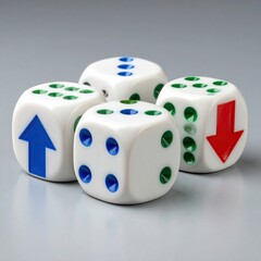 Four dice, showing various numbers and directional arrows