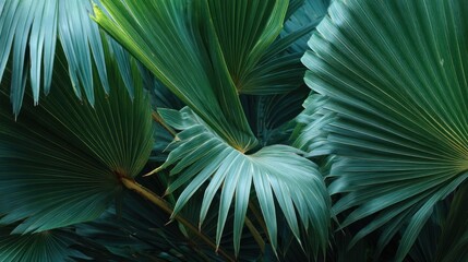Fototapeta premium Tropical green palm leaves with intricate veining, set against a dark background, with a focus on the vibrant green color and intricate leaf patterns.