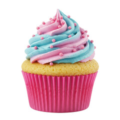 Cupcake, light yellow cake, fuchsia pink liner, two-tone pastel pink/light blue frosting, pink sprinkles, on white with copy space, concept for sweet dessert advertising.