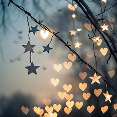 String lights with star and heart shapes glowing softly in a dreamy twilight background
