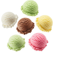 Five perfectly spherical scoops of vanilla, chocolate, green, pink, and yellow ice cream, distinct and textured, isolated on a transparent background with copy space, delicious dessert variety concept