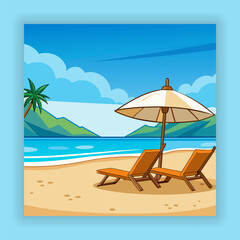 Tropical beach vacation scene with colorful umbrella, chairs, blue ocean, and sunny sand