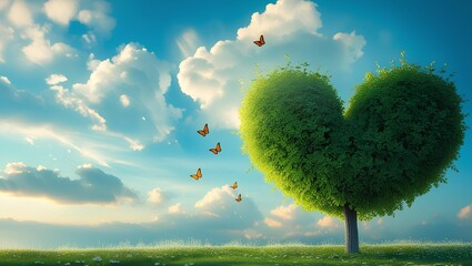 Heart-Shaped Tree with Butterflies in Sunny Meadow | Nature Love Landscape