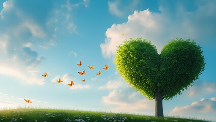 Heart-Shaped Tree with Butterflies in Sunny Meadow | Nature Love Landscape