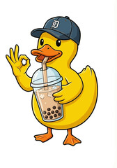 Cute Cartoon Duck Drinking Bubble Tea with Meme Hand Signs &ndash; Trendy Character Doing 6 7 Meme Gesture