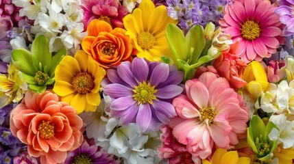 A vibrant array of colorful flowers, including daisies, roses, and other blooms, arranged in a lush, colorful display against a neutral background.