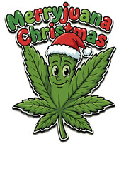 Funny Cannabis Leaf Wearing Santa Hat with &ldquo;Merryjuana Christmas&rdquo; Text &ndash; Holiday Humor in 6 7 Meme Style