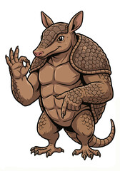 Strong Cartoon Armadillo with Meme OK and Pointing Down Gesture &ndash; Buff Animal Doing 6 7 Meme Format