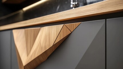 Gray and wood kitchen with cupboards, close view