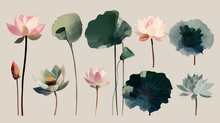 Watercolor Lotus Flowers Botanical Arrangement
