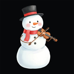 Cute snowman watercolor vector illustration as violinist isolated on black background
