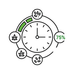 Cannabis Growth Cycle Progress Icon with Clock, Plant Stages, and 75% Completion Indicator