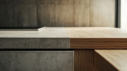 Gray and wood kitchen with cupboards, close view