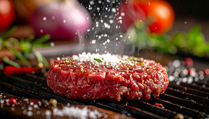 Raw ground beef patty seasoned with salt and herbs on a grill with vegetables meat