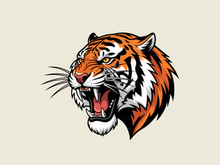 Fierce roaring tiger head vector illustration with an aggressive expression. Powerful wild cat mascot design for a sports team emblem or logo