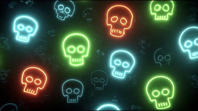 Skull pattern formed by colorful neon outlines on a dark background. Perfect for halloween designs or edgy themed projects.