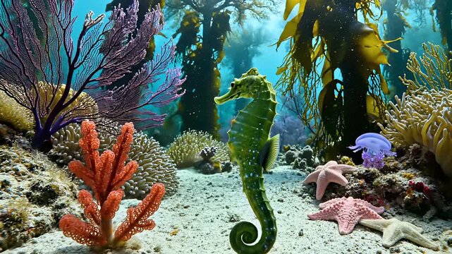 Seahorses entwined in underwater harmony, showcasing balance and coexistence of diverse ocean creatures, ideal for serene nature documentaries or wildlife TV show backgrounds.