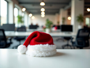 Fototapeta premium Red Santa Claus hat and costume objects, isolated for Christmas holiday celebration on a table and the floor
