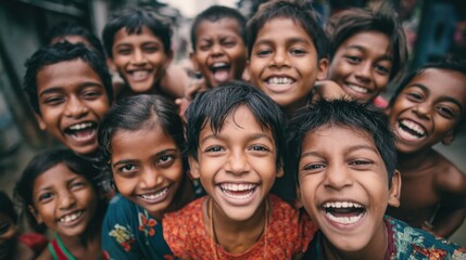 A diverse group of children shares laughter and smiles in a bustling urban area showcasing their carefree spirit and joy in the afternoon light.