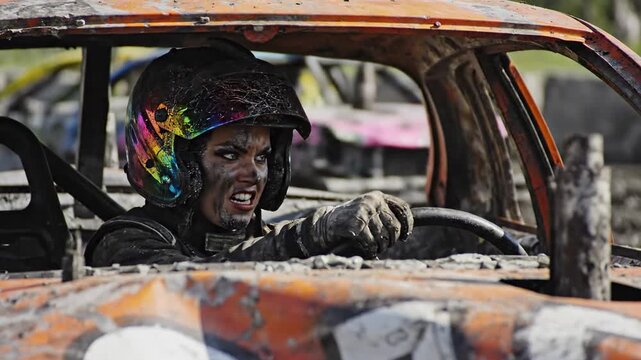 Determined Woman Driver in Demolition Derby Helmet and Racing Suit Gripping Steering Wheel, Grimy