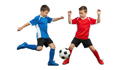 Boys Playing Soccer, Kicking Ball on White Background